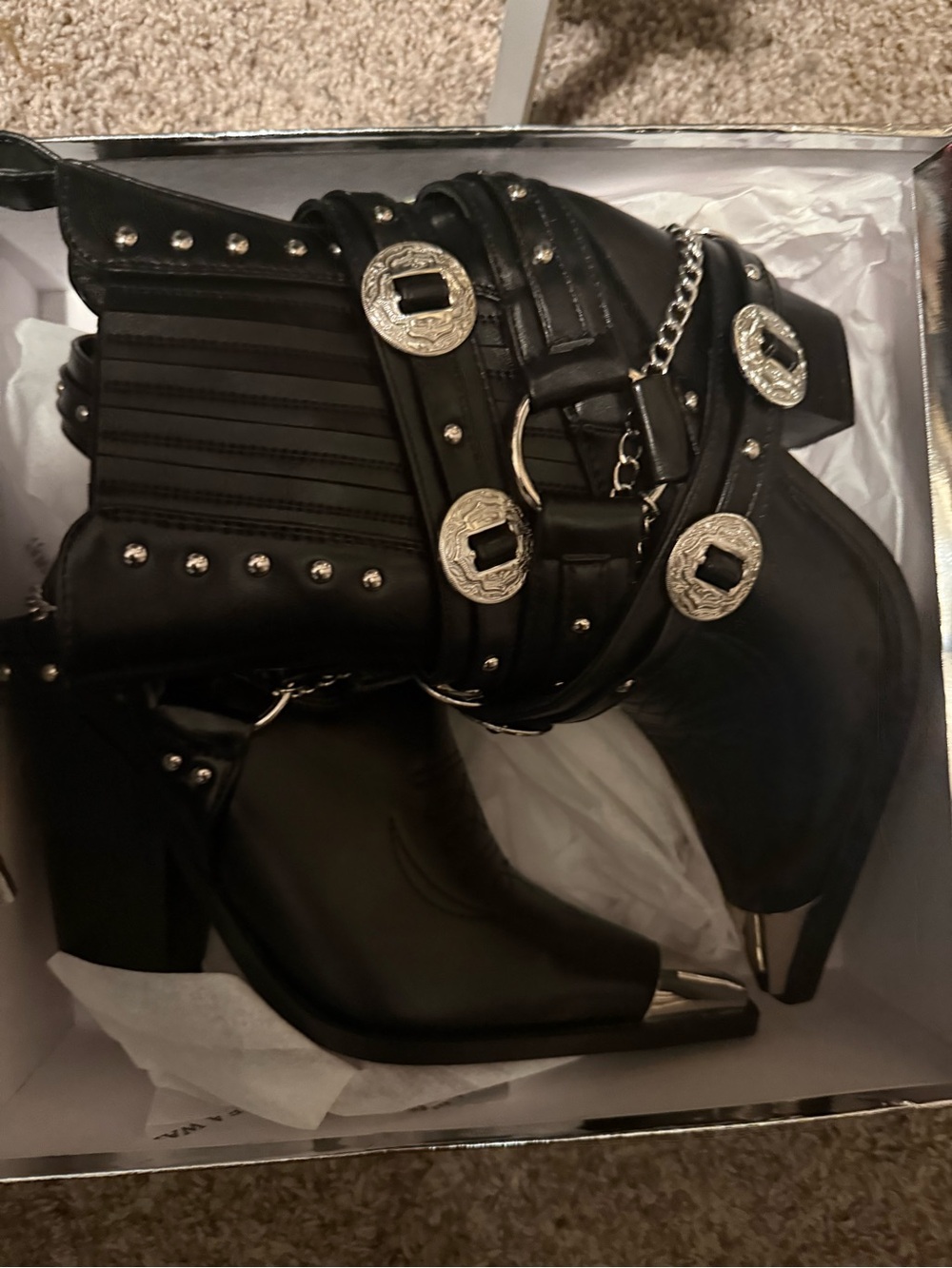 Black Western-Inspired Studded Ankle Boots with Silver Concho Accents